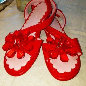 Zara red patent leather sandals huge lucite flower embellishment